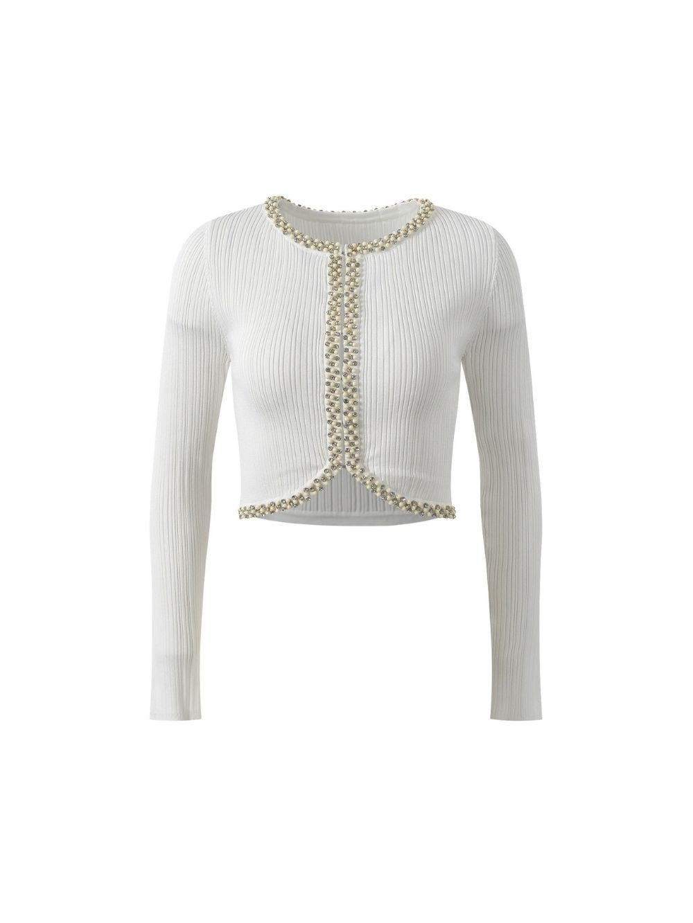 Cropped Pearl and Rhinestone Embellished Cardigan - OWNCI