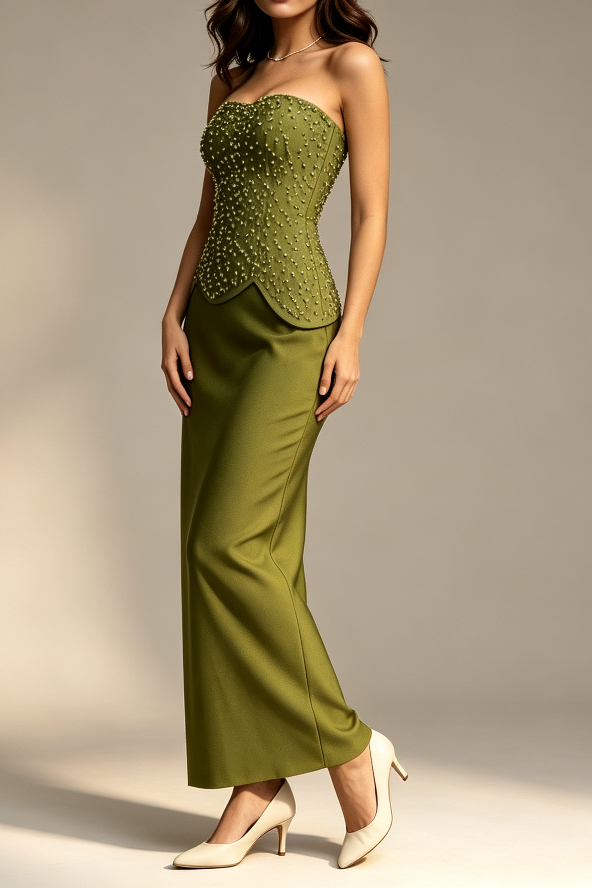 Olive Green Strapless Sweetheart Full Rhinestone Beaded Peplum Waist Mermaid Floor Length Formal Gown - OWNCI