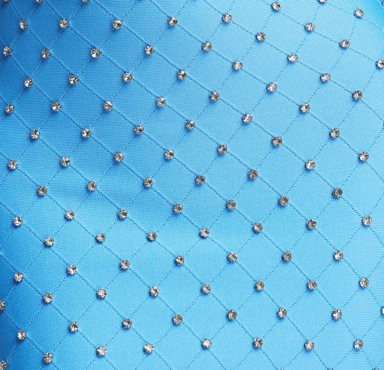 Sky Blue White Contrast Rhinestone Grid Wide Strap Mini Bodycon Dress - OWNCI