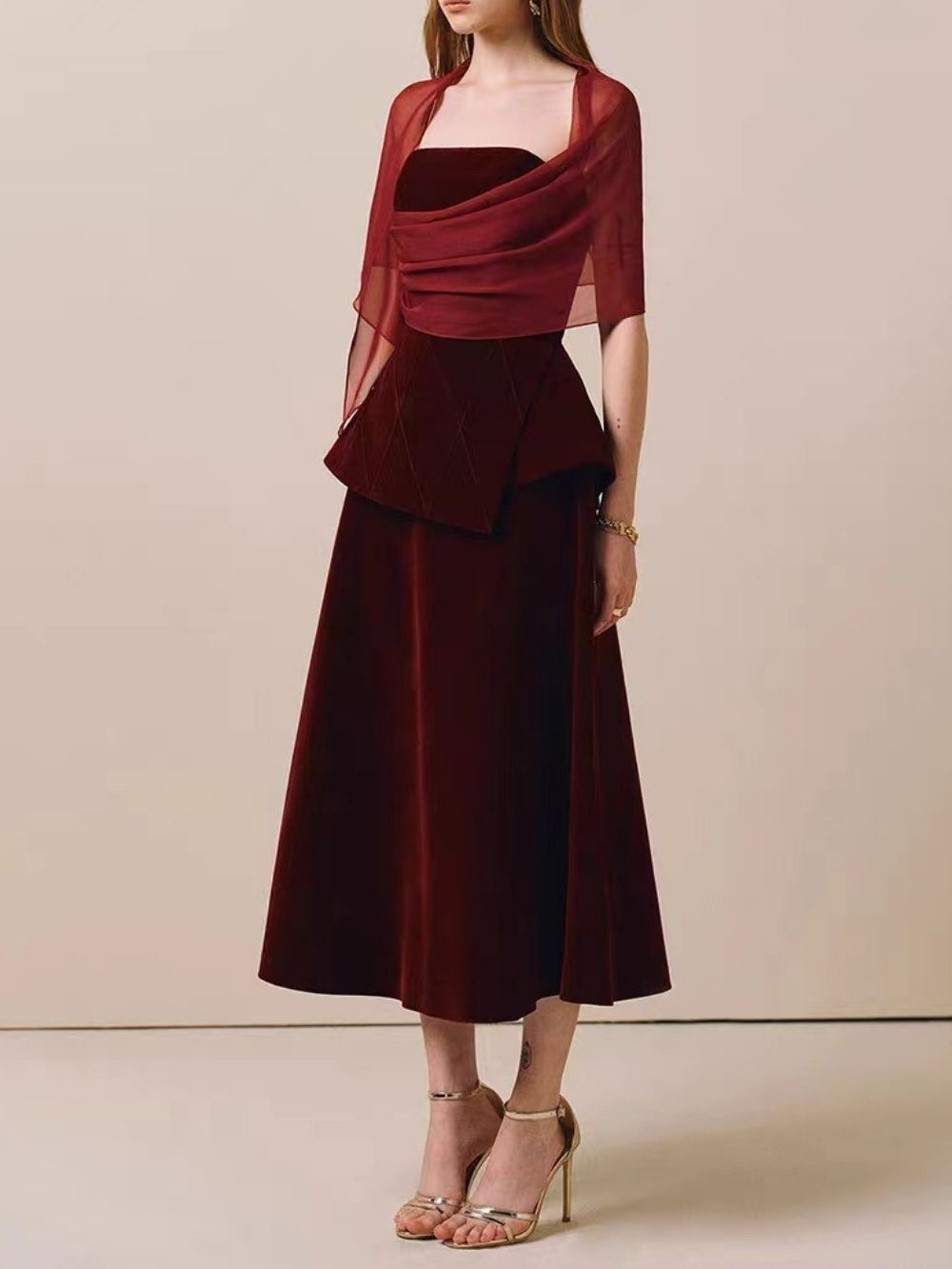 Marcy Red Velvet Midi Dress - OWNCI