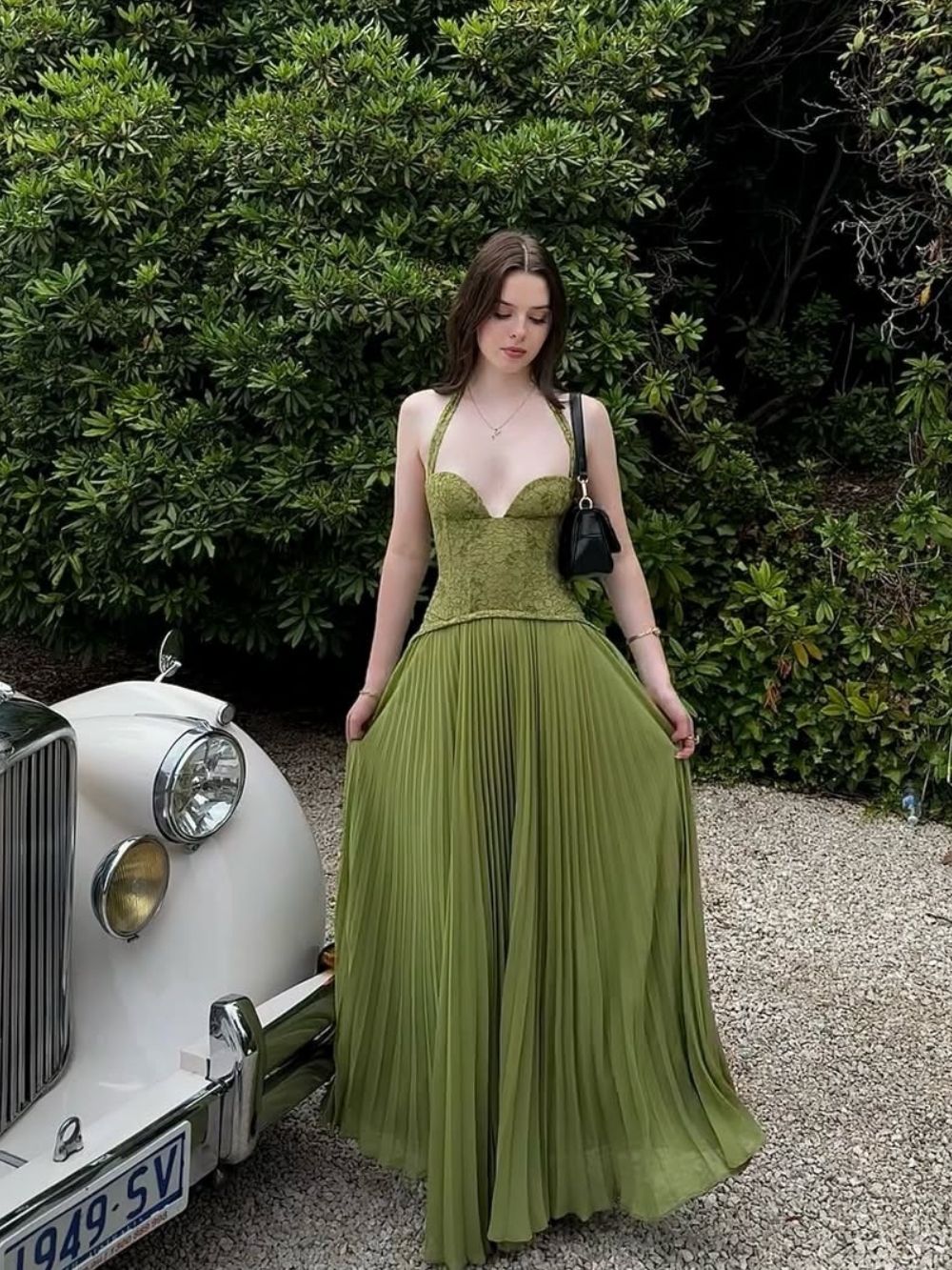 Marsali Green Halter Lace Pleated Maxi Dress - OWNCI Marsali Green Halter Lace Pleated Maxi Dress - OWNCI