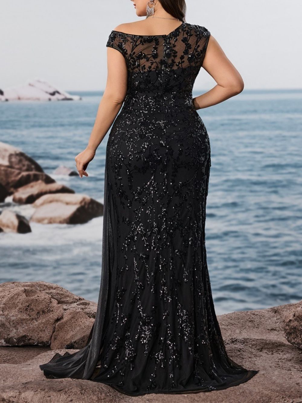 Mare Black Sequin Plus Size Maxi Dress - OWNCI