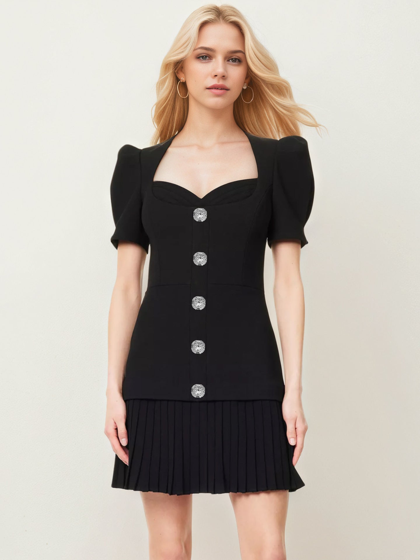 Black Sweetheart Square Neck Rhinestone Button Puff Sleeve Pleated Mini Dress - OWNCI Black Sweetheart Square Neck Rhinestone Button Puff Sleeve Pleated Mini Dress - OWNCI