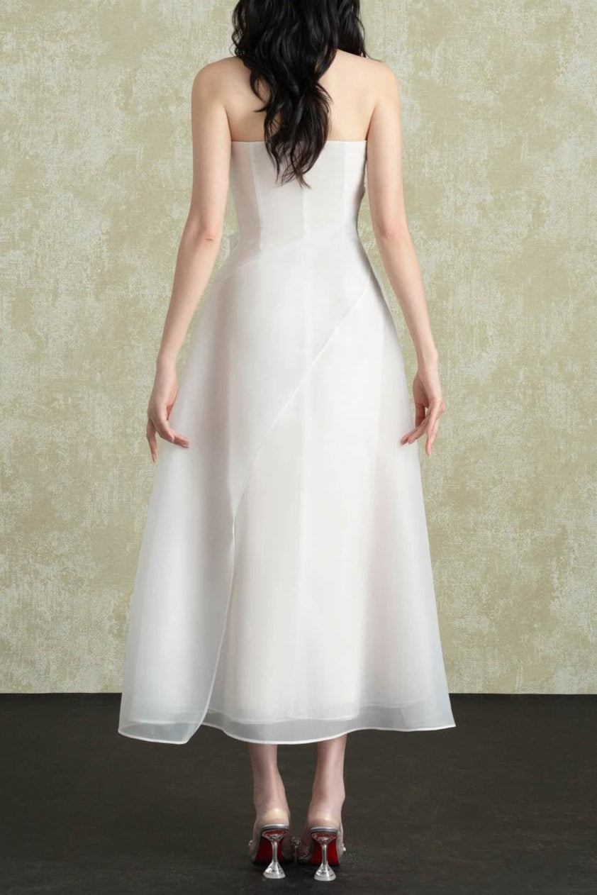 8acf0691cf68851b342cd7a695ce4889 Strapless Layered Organza Midi Dress In White