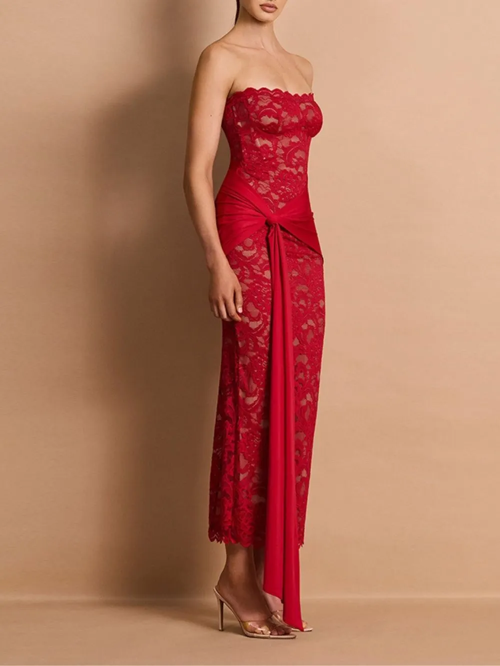 Marianna Red Strapless Lace Maxi Dress - OWNCI