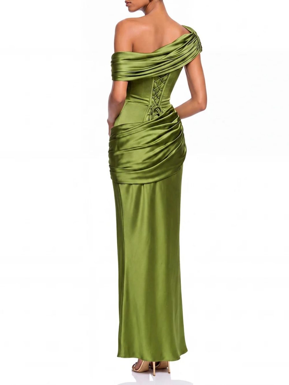 Neravo One Shoulder Satin Ruched Maxi Dress In Oliver - OWNCI