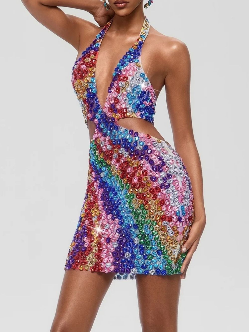 Arqelis Plunge Neck Crystal Cutout Mini Dress - OWNCI Arqelis Plunge Neck Crystal Cutout Mini Dress - OWNCI