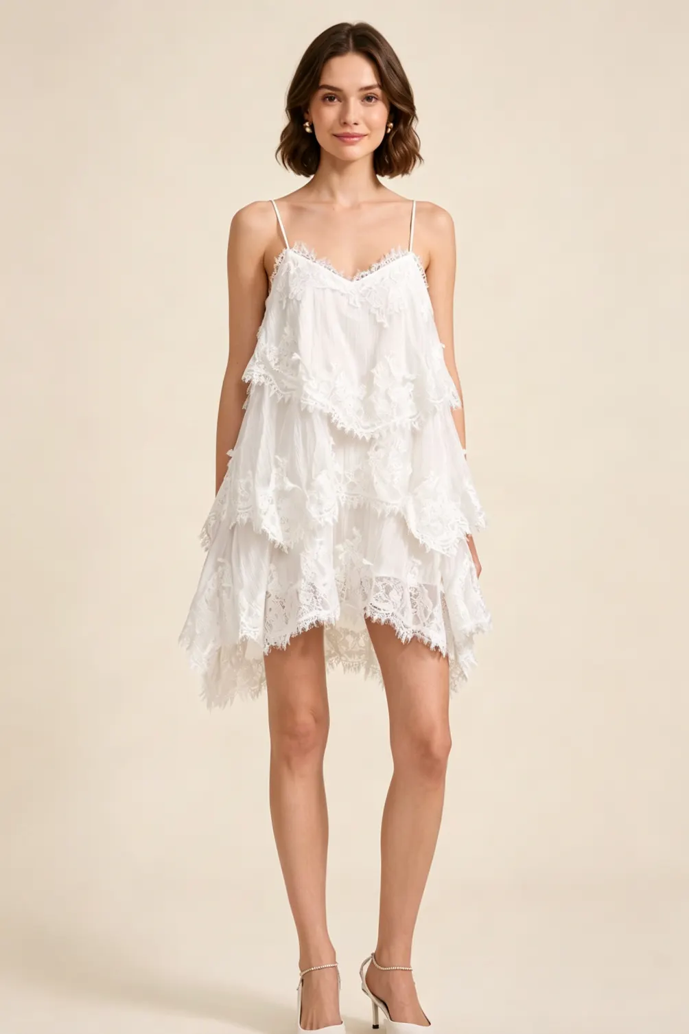 White Spaghetti Strap Multi-Tier Fringe Lace Asymmetric Mini Dress - OWNCI