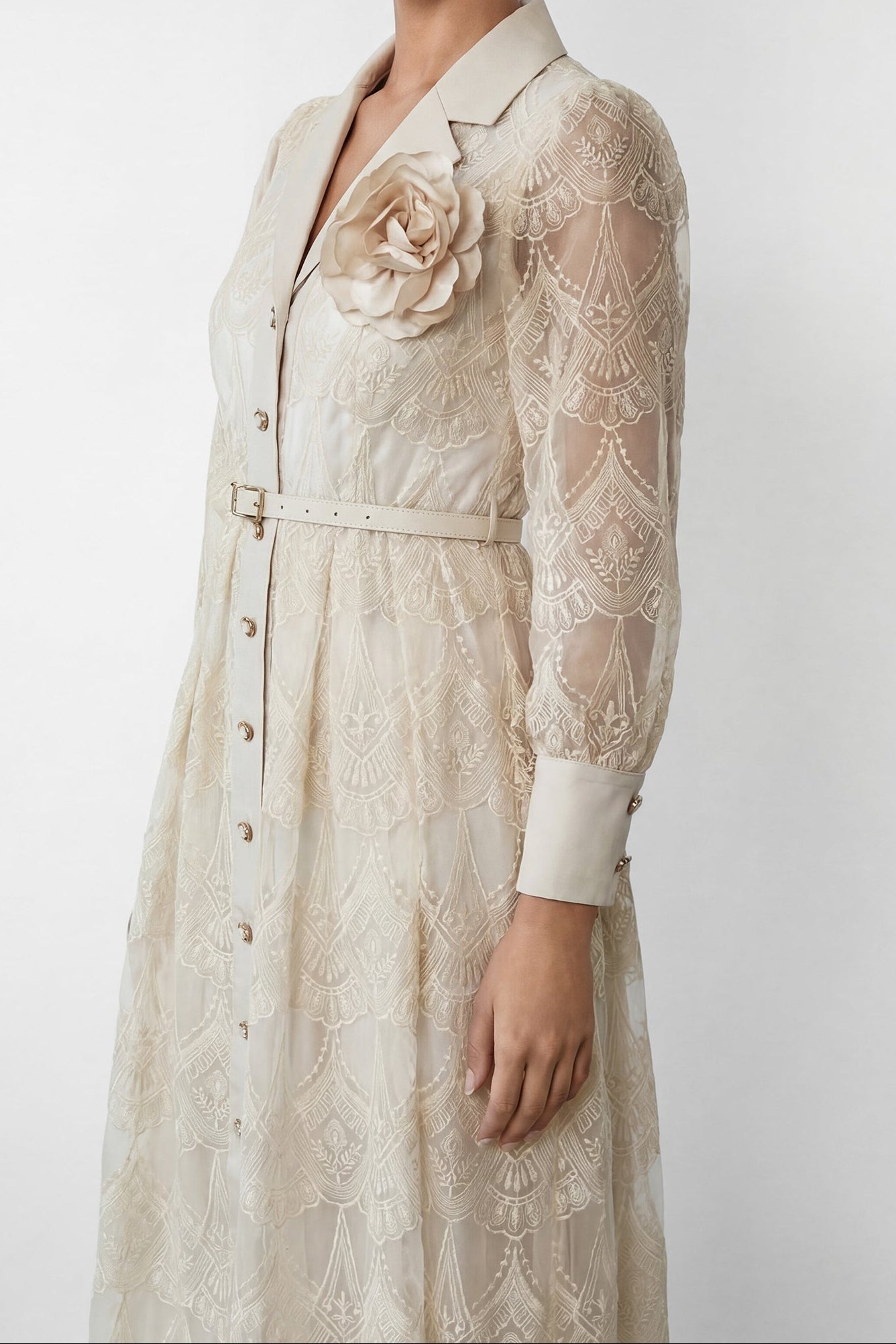 Cream Embroidery Lapel Long Sleeve Belted Midi Shirt Dress With 3D Rose Brooch - OWNCI Cream Embroidery Lapel Long Sleeve Belted Midi Shirt Dress With 3D Rose Brooch - OWNCI