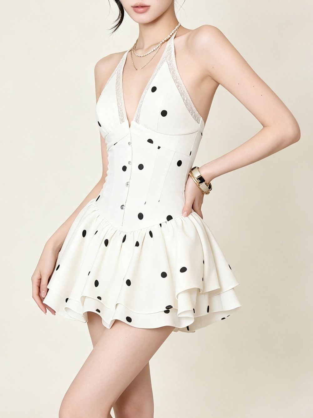 Malya White Halter Dot Mini Dress - OWNCI