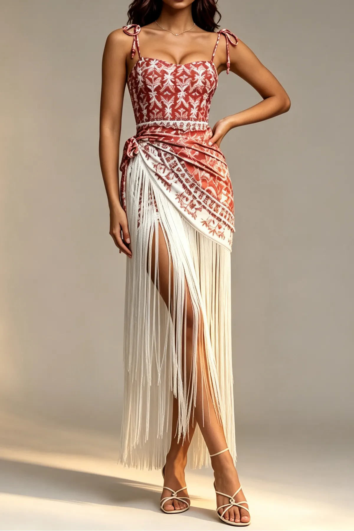 Red Floral Palm Print Beaded Tie Strap One Piece Swimsuit + Fringe Wrap Cover Up Skirt 2 Piece Beach Set - OWNCI