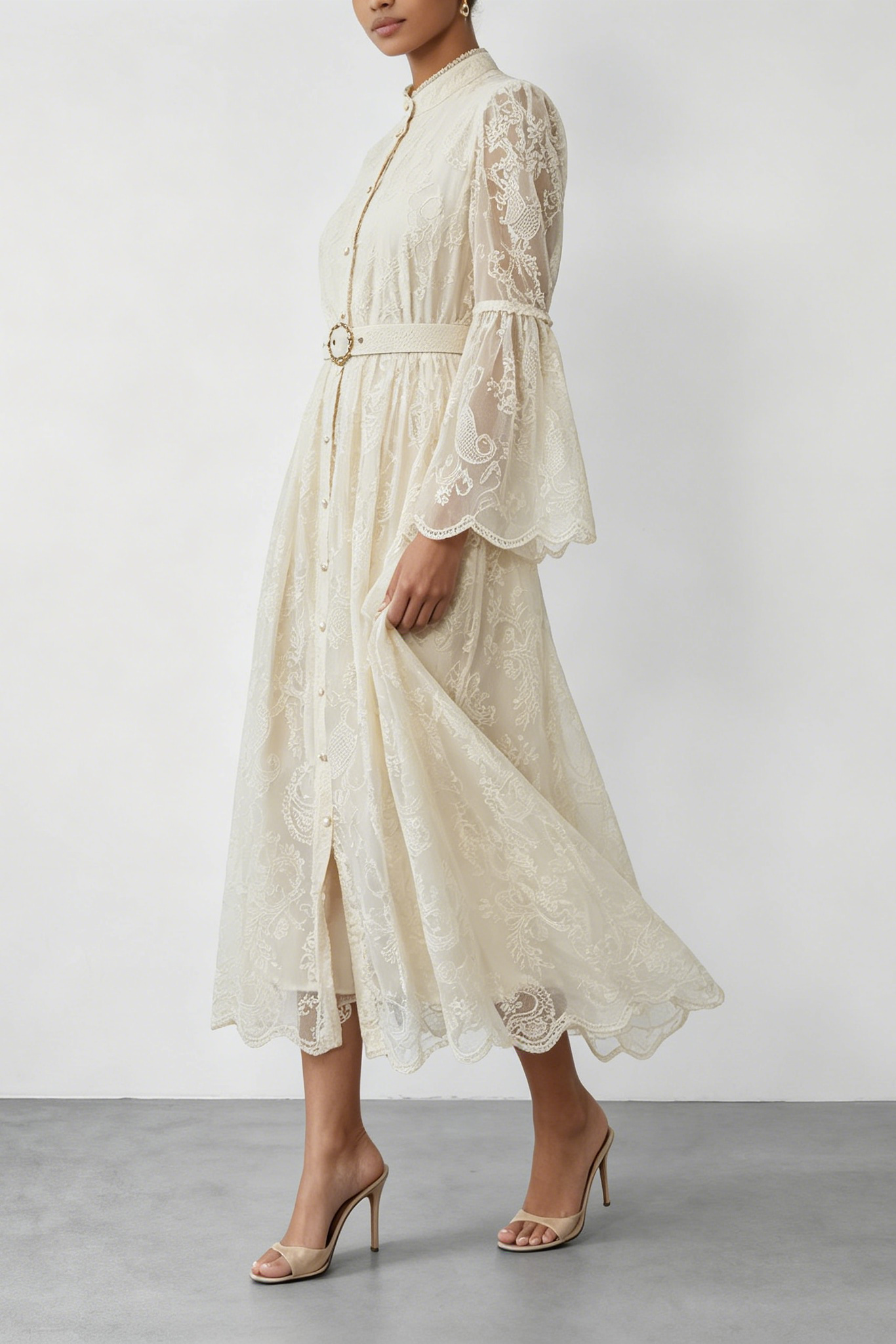 Cream Embroidery Lace Stand Collar Bell Sleeve Belted Midi Shirt Dress - OWNCI Cream Embroidery Lace Stand Collar Bell Sleeve Belted Midi Shirt Dress - OWNCI
