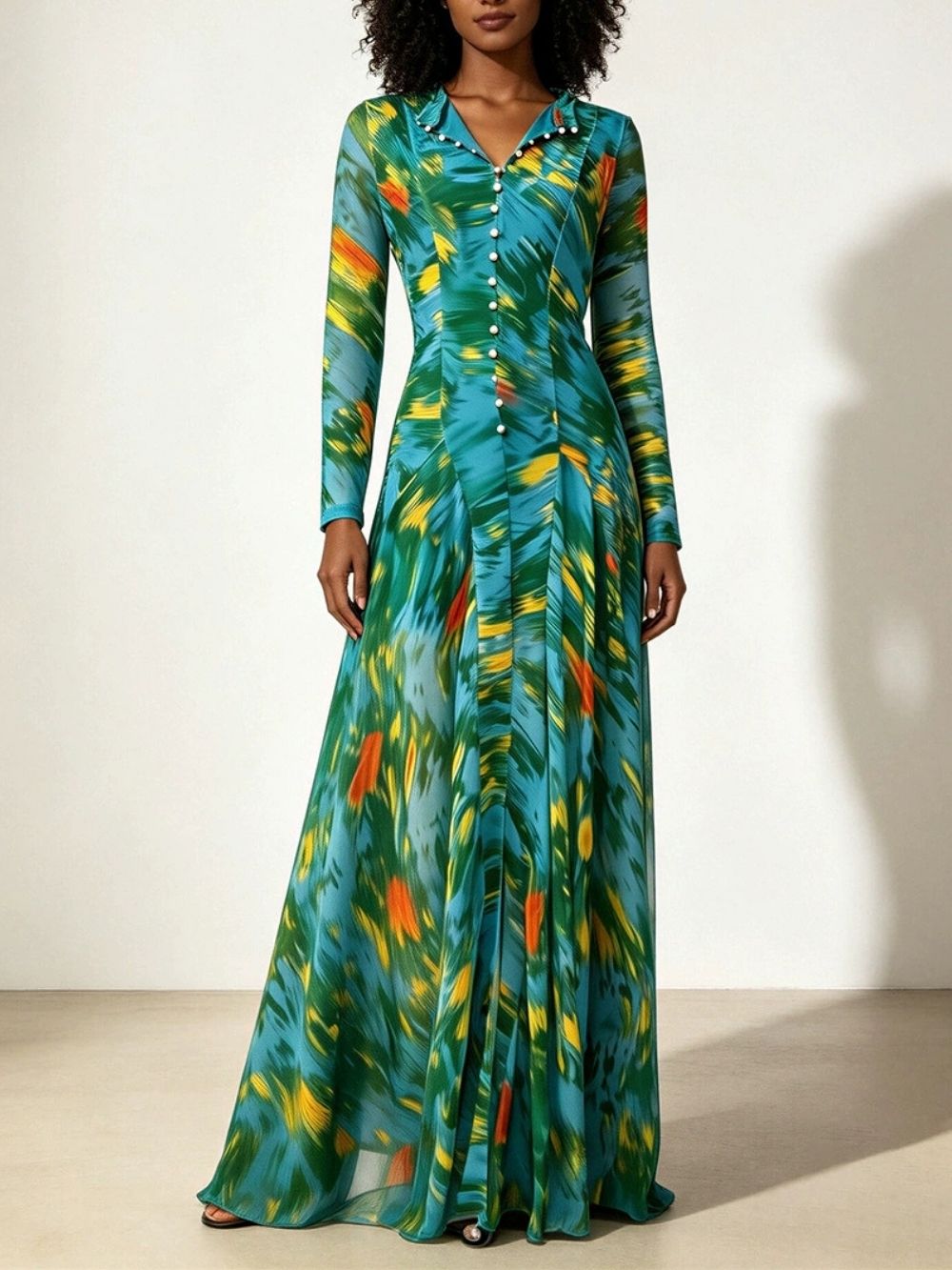 Maribeth Green Long Sleeve Printed Maxi Dress - OWNCI Maribeth Green Long Sleeve Printed Maxi Dress - OWNCI