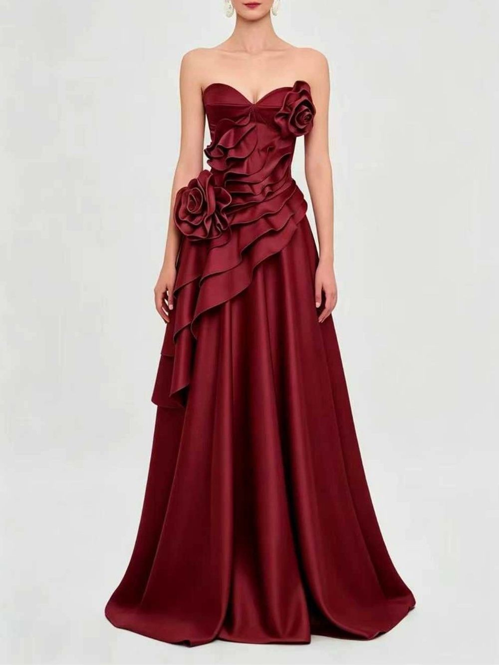 91f2a59b756b51796cb796058a1e2a60 Margielyn Strapless Flower Ruffle Satin Maxi Dress