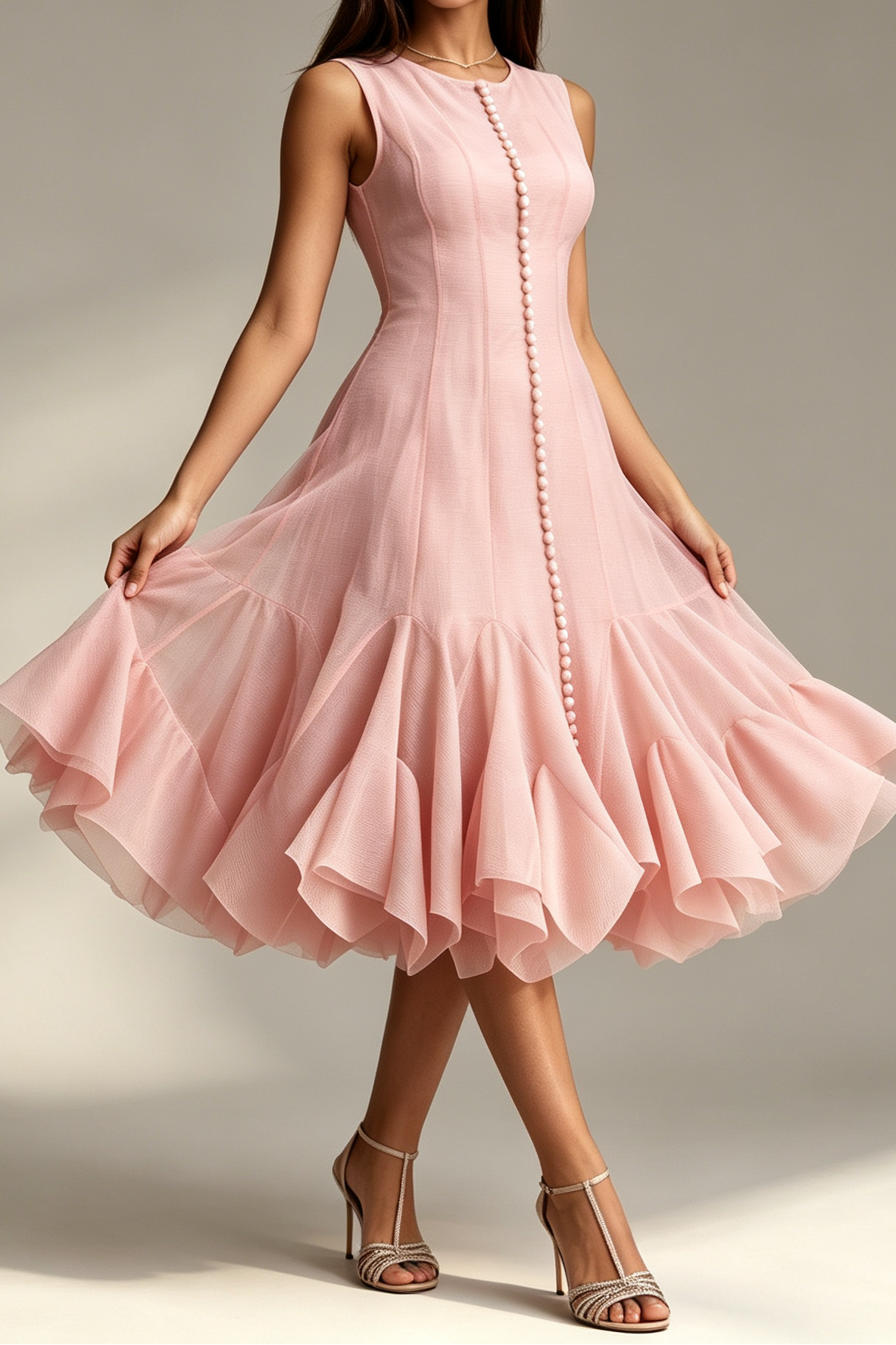 Blush Pink Crew Neck Sleeveless Vertical Button Front Flared Ruffle Hem Midi Dress - OWNCI