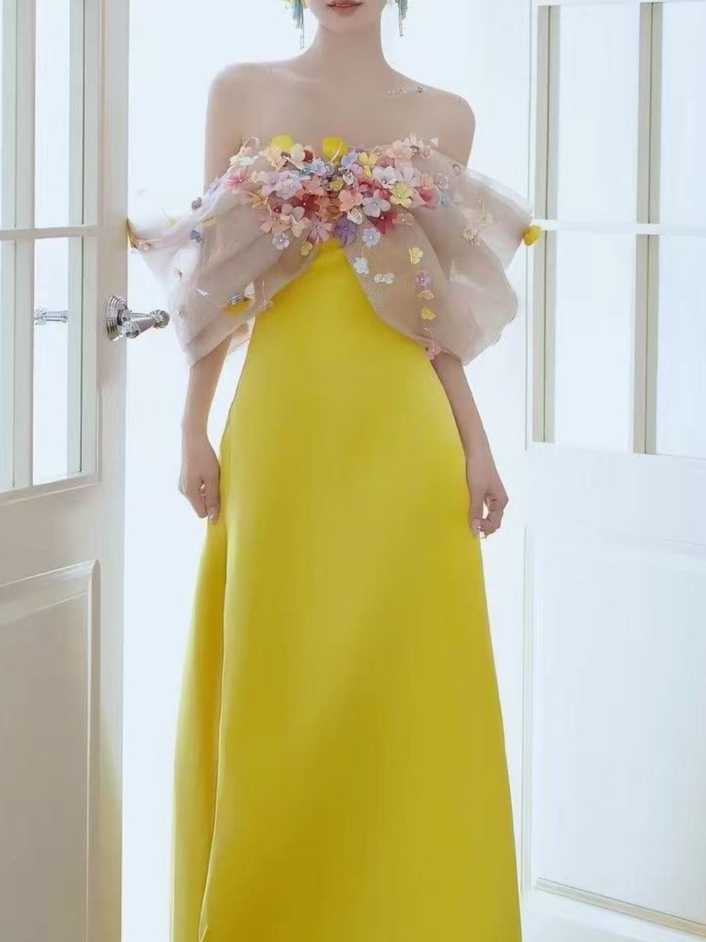 Bright Yellow Satin Strapless Maxi Gown With 3D Colorful Floral Tulle Bust - OWNCI Bright Yellow Satin Strapless Maxi Gown With 3D Colorful Floral Tulle Bust - OWNCI