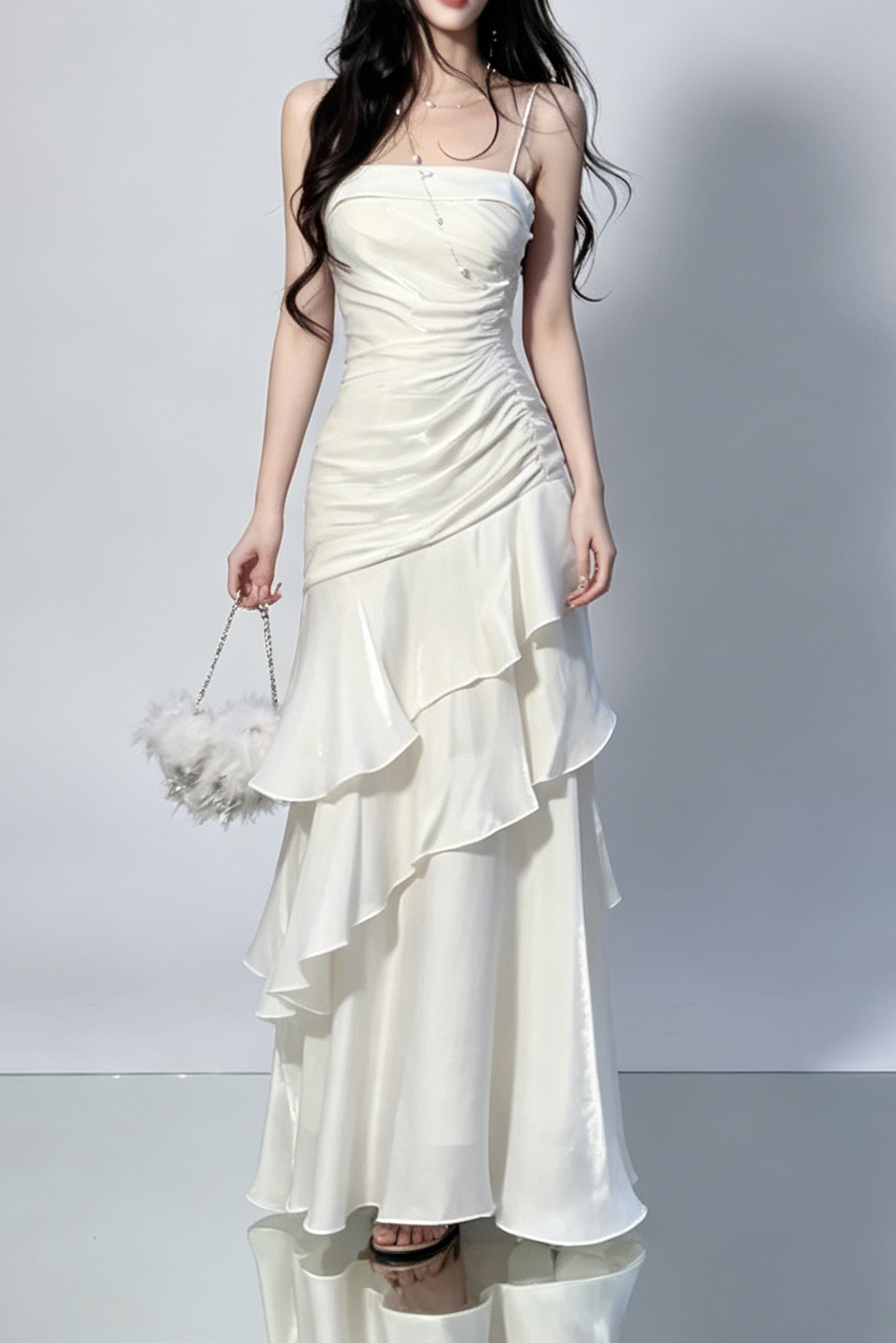 Side Ruched Tiered Ruffle Satin Spaghetti Strap Maxi Dress - OWNCI Side Ruched Tiered Ruffle Satin Spaghetti Strap Maxi Dress - OWNCI