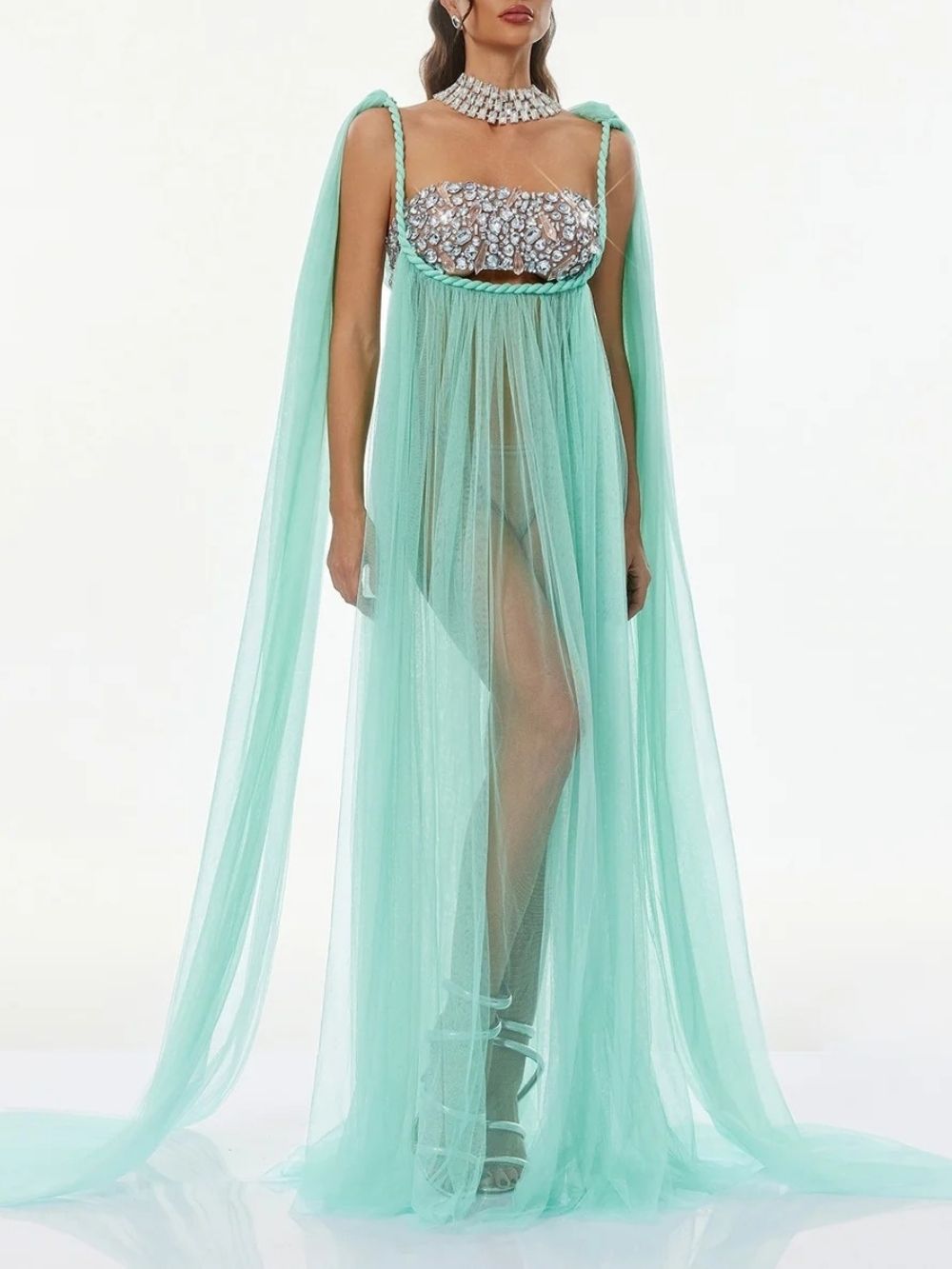 Gefen Cape Sleeve Crystal Tulle Dress Set - OWNCI Gefen Cape Sleeve Crystal Tulle Dress Set - OWNCI