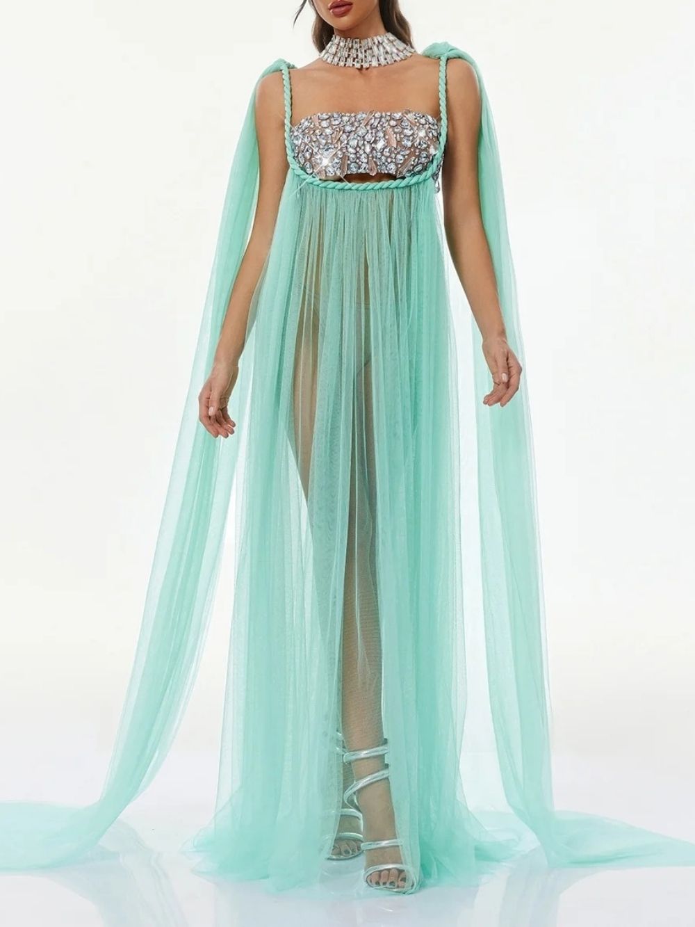 Gefen Cape Sleeve Crystal Tulle Dress Set - OWNCI Gefen Cape Sleeve Crystal Tulle Dress Set - OWNCI