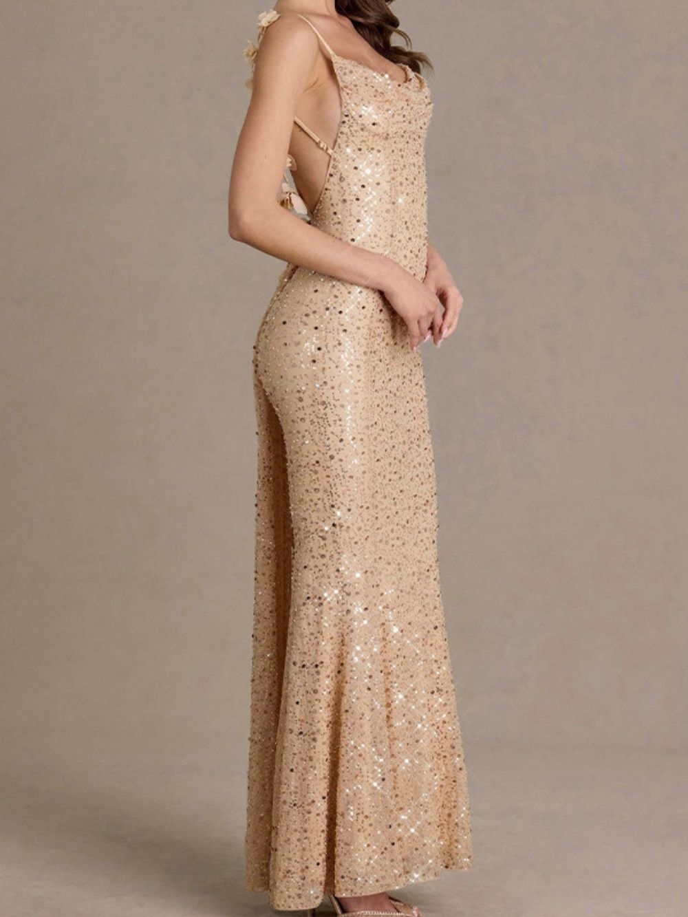Khaza Champagne Strappy Sequin Backless Maxi Dress - OWNCI Khaza Champagne Strappy Sequin Backless Maxi Dress - OWNCI
