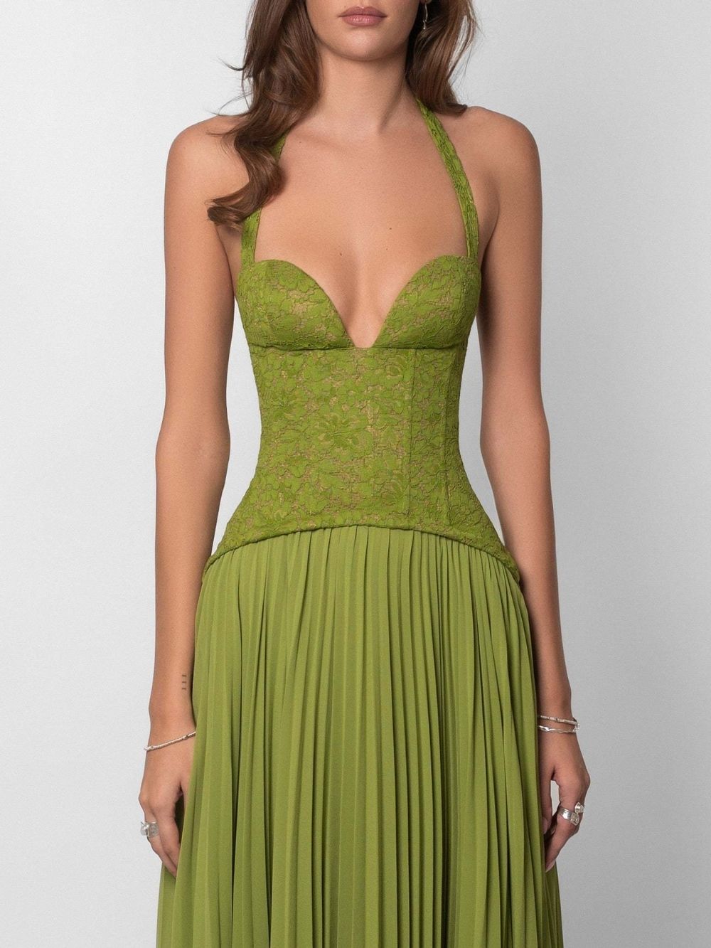 Marsali Green Halter Lace Pleated Maxi Dress - OWNCI Marsali Green Halter Lace Pleated Maxi Dress - OWNCI
