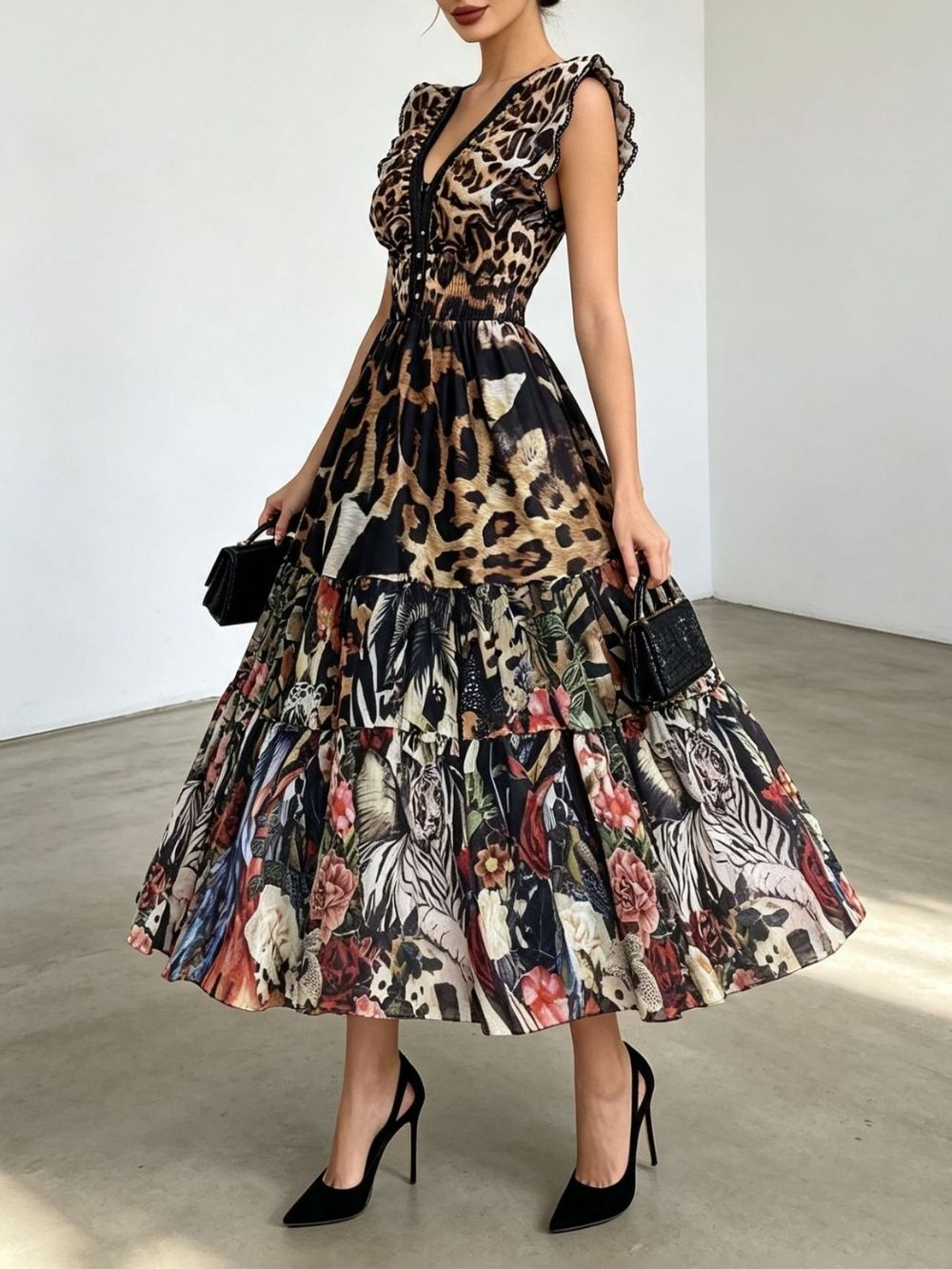 Margarita V-Neck Leopard Printed Maxi Dress - OWNCI