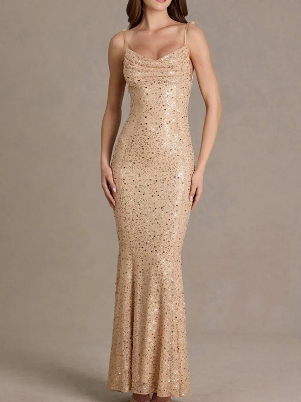 Khaza Champagne Strappy Sequin Backless Maxi Dress - OWNCI Khaza Champagne Strappy Sequin Backless Maxi Dress - OWNCI