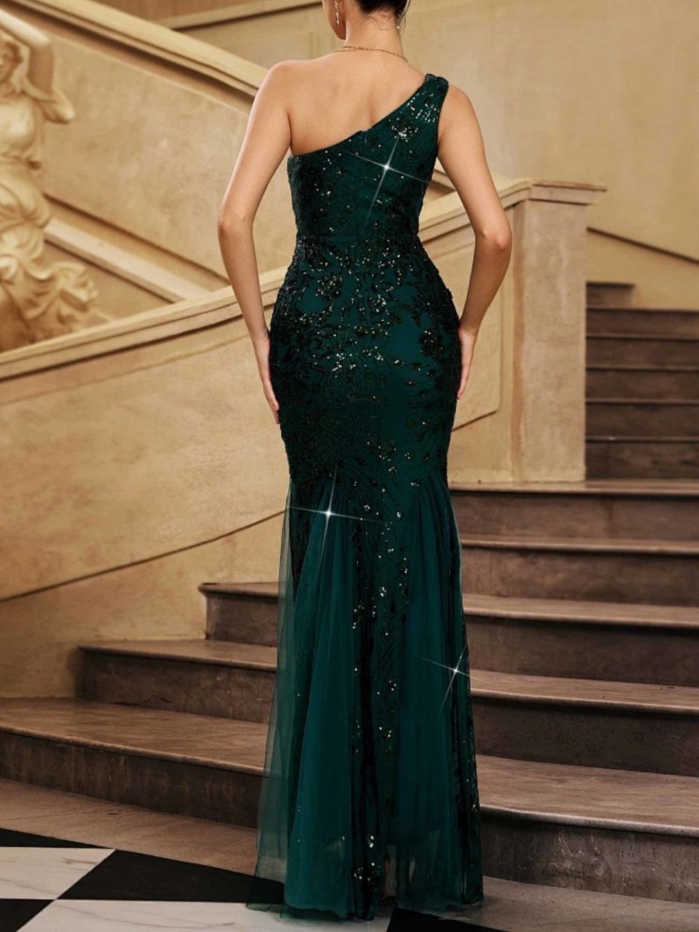 Margit Green One-Shoulder Sequin Maxi Dress - OWNCI