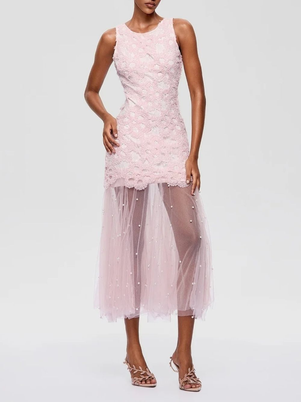 Kryndel Sleeveless Pearl Mesh Midi Dress - OWNCI