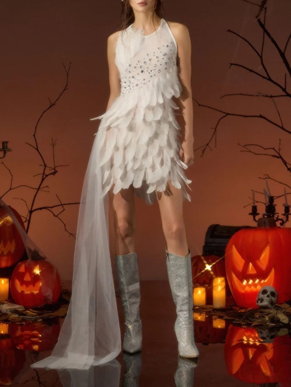 Gesine Halterneck Crystal Feather Draped Dress - OWNCI