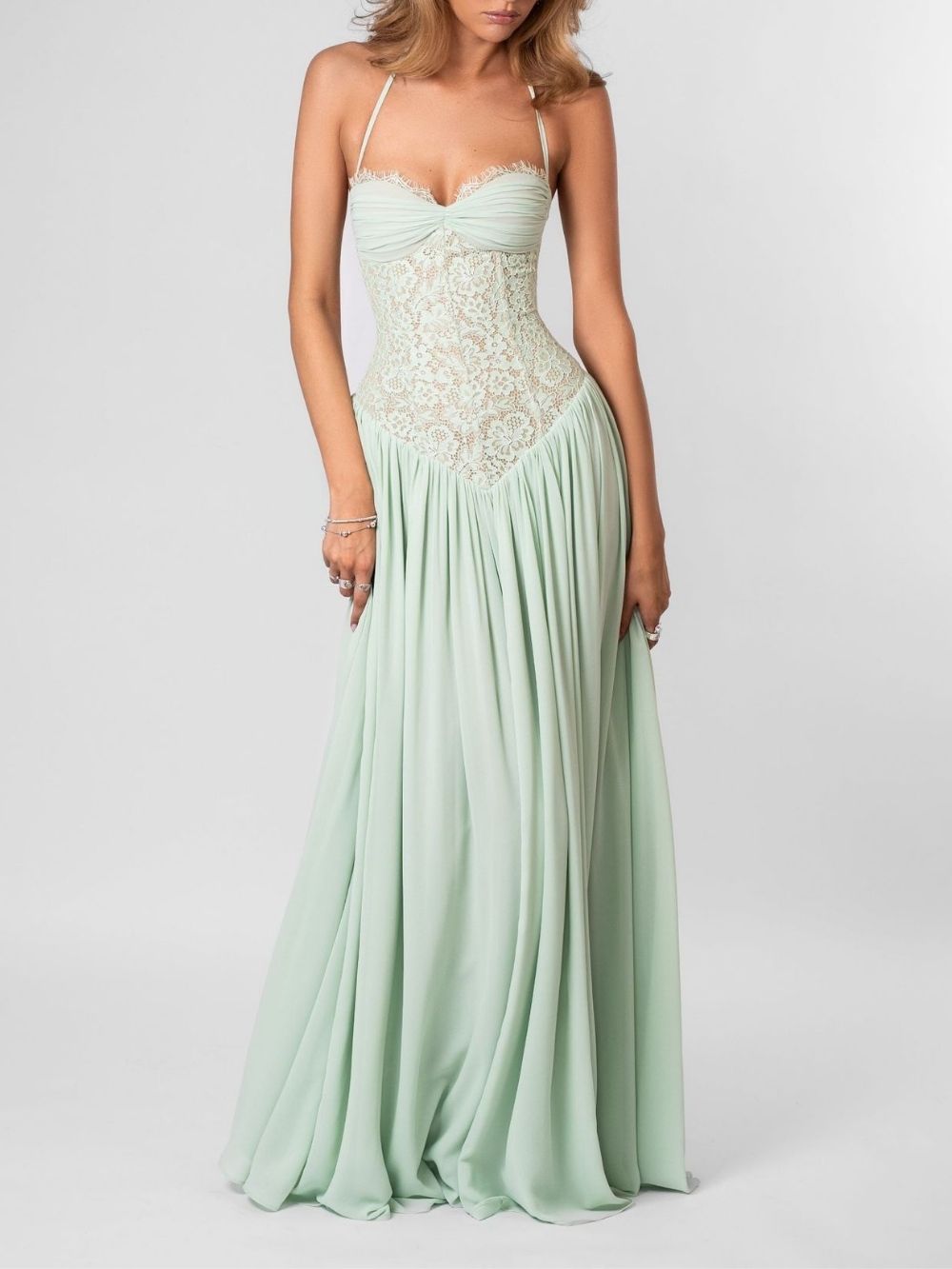 Masaaki Mint Halter Lace Maxi Dress - OWNCI