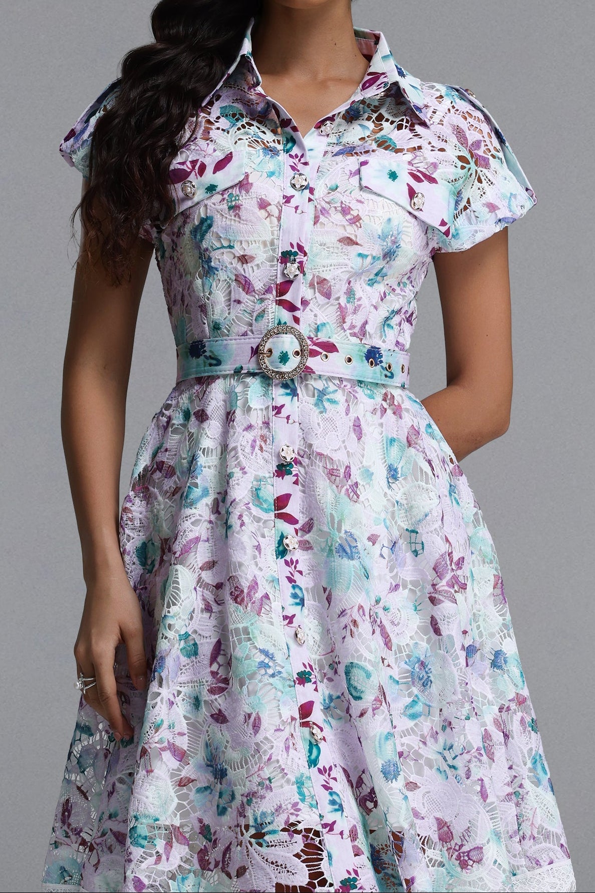 Pastel Floral Lace Collared Fit & Flare Midi Dress with Belt - OWNCI