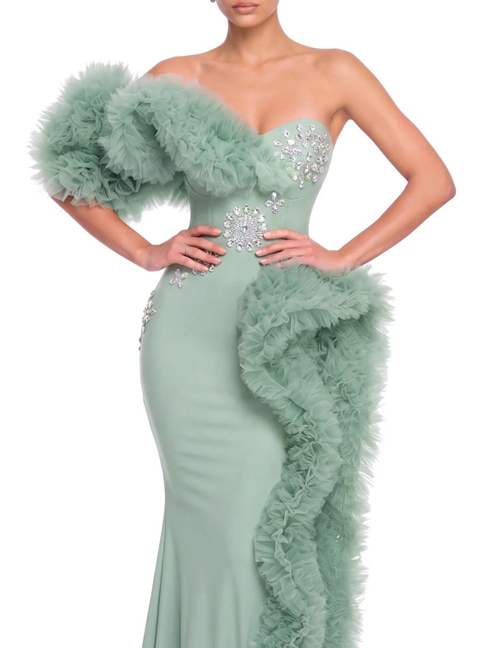 Zynaris One Shoulder Crystal Tulle Maxi Dress - OWNCI