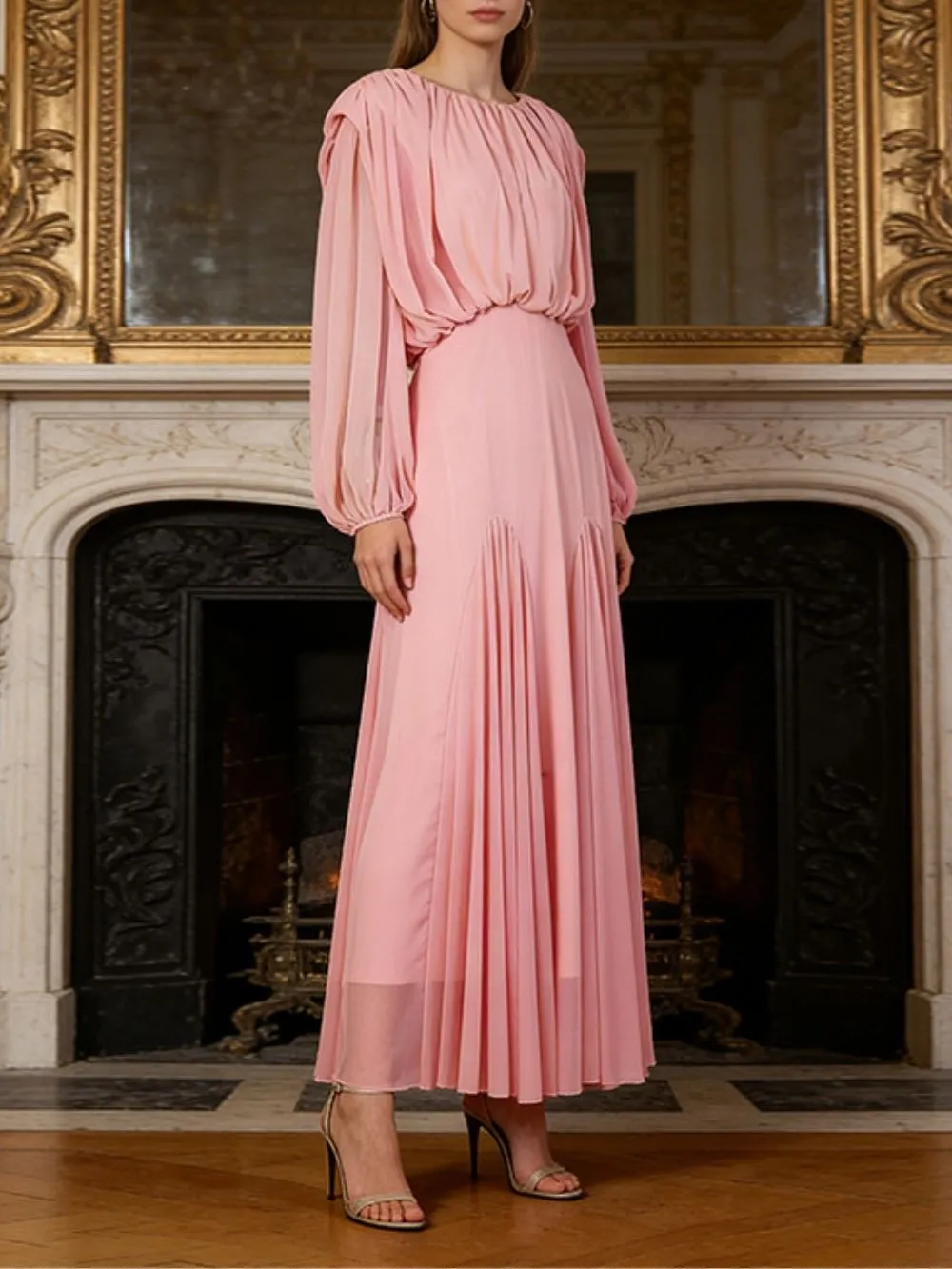 Jimena Pink Pleated Long Sleeve Maxi Dress - OWNCI Jimena Pink Pleated Long Sleeve Maxi Dress - OWNCI