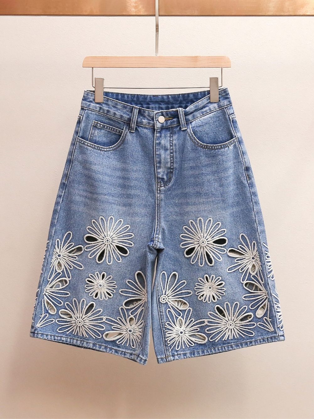 Embroidered Denim Bermuda Shorts in Blue Jean - OWNCI