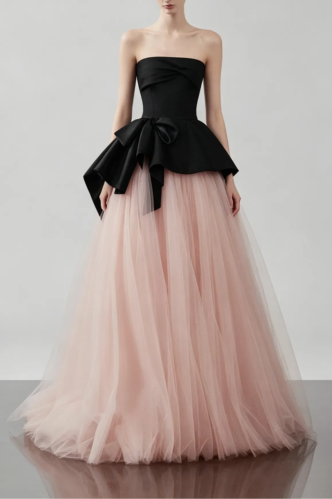 Strapless Satin Big Bow Contrast Pink Tulle Ball Gown - OWNCI Strapless Satin Big Bow Contrast Pink Tulle Ball Gown - OWNCI