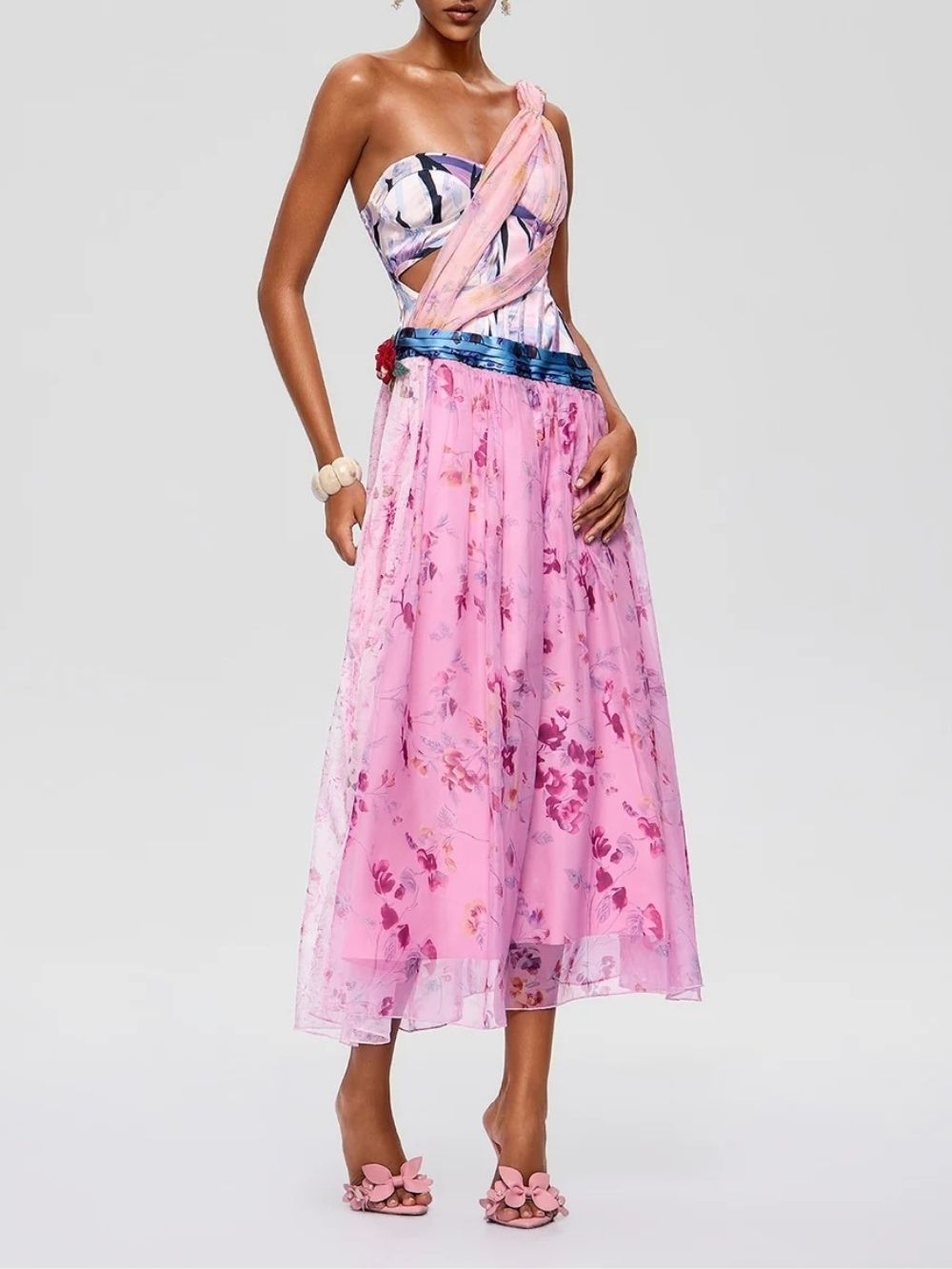 Morqen One Shoulder Floral Midi Dress