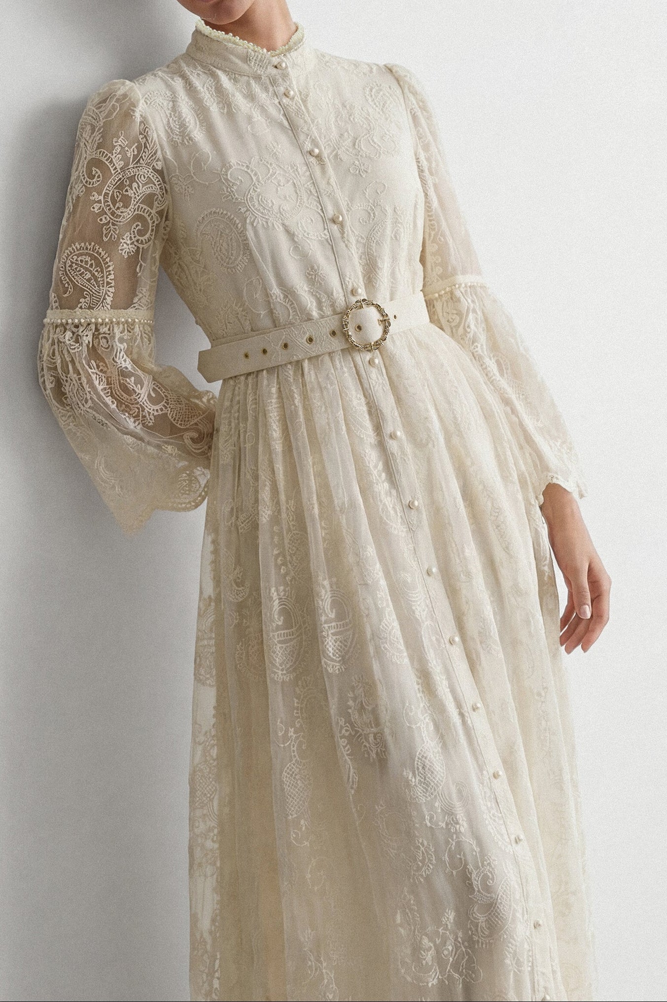 Cream Embroidery Lace Stand Collar Bell Sleeve Belted Midi Shirt Dress - OWNCI
