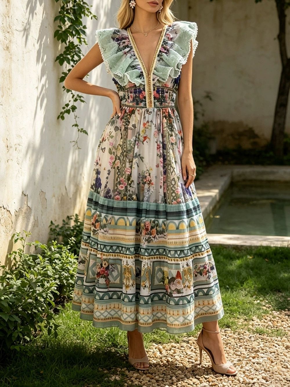 Marja V-Neck Printed Maxi Dress - OWNCI