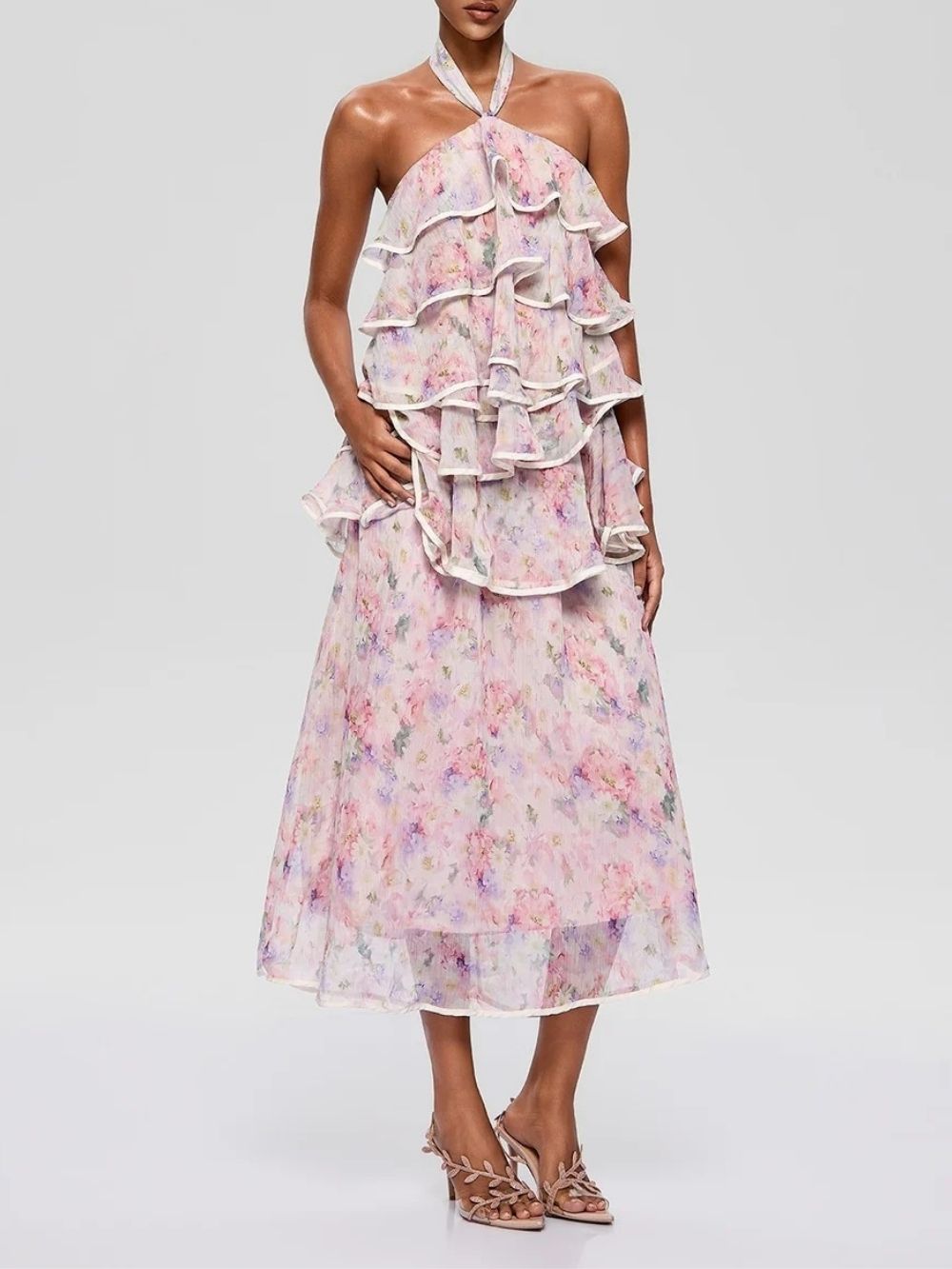 99c7ae155bf65ef3d01d74344d1d3c75 Bravonel Halterneck Tiered Floral Midi Dress