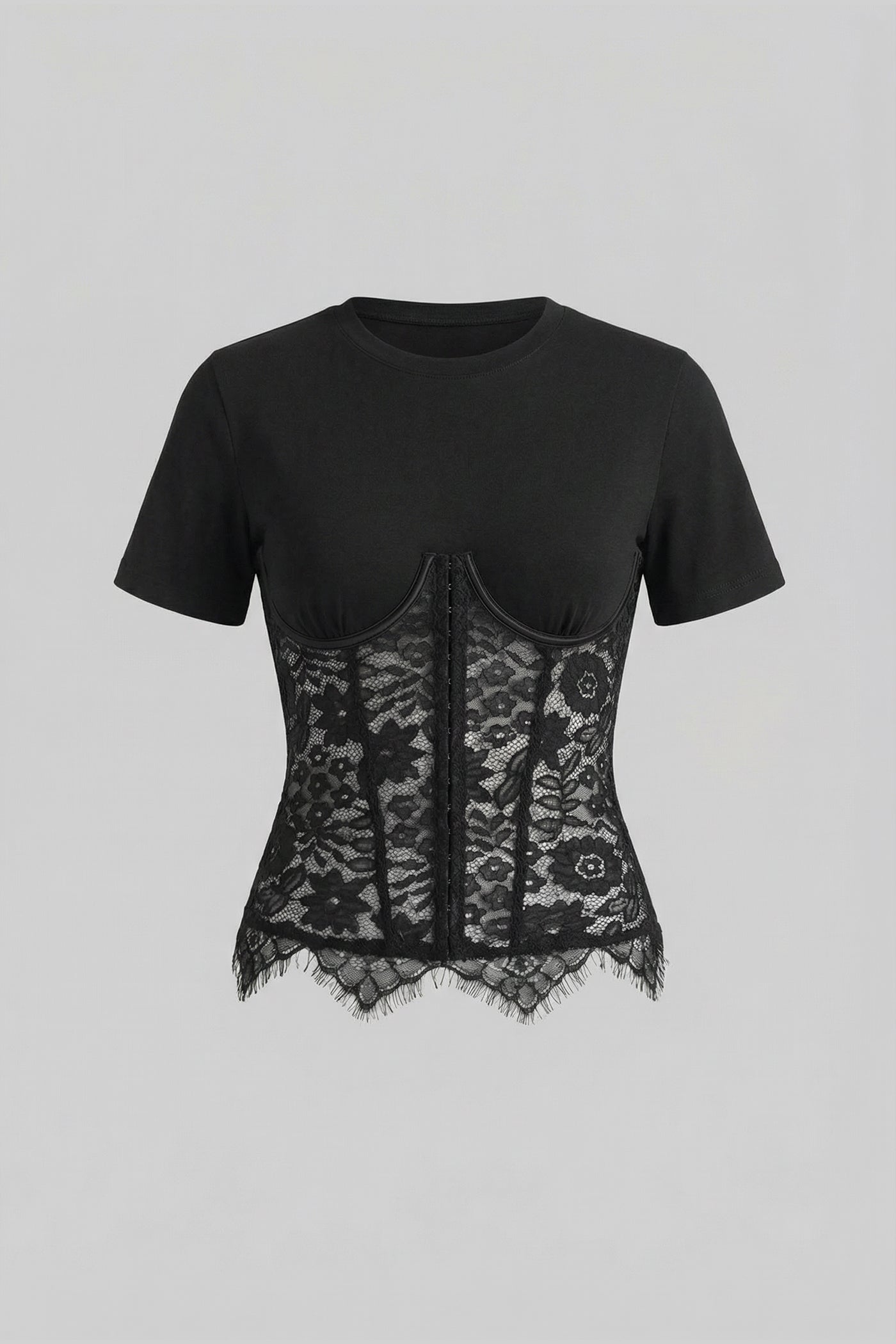 Black Spliced Floral Lace Corset Short Sleeve T-shirt - OWNCI