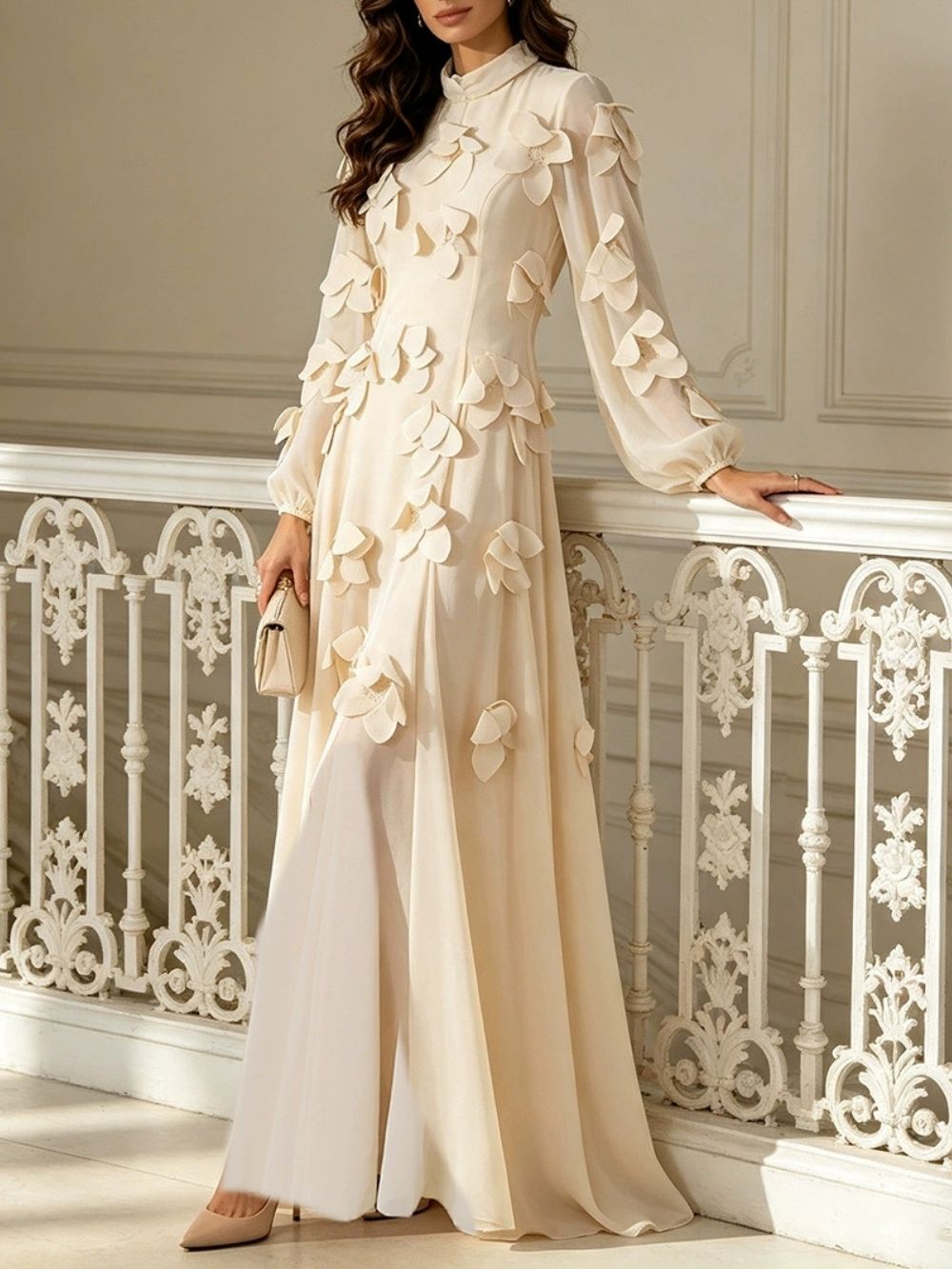 Mariyah Flower Embellished Long Sleeve Maxi Dress - OWNCI