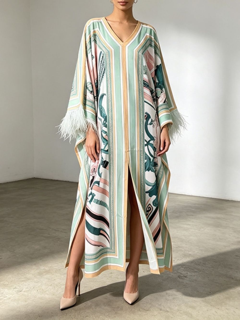 Marlie Printed Long Sleeve Feather Maxi Dress - OWNCI
