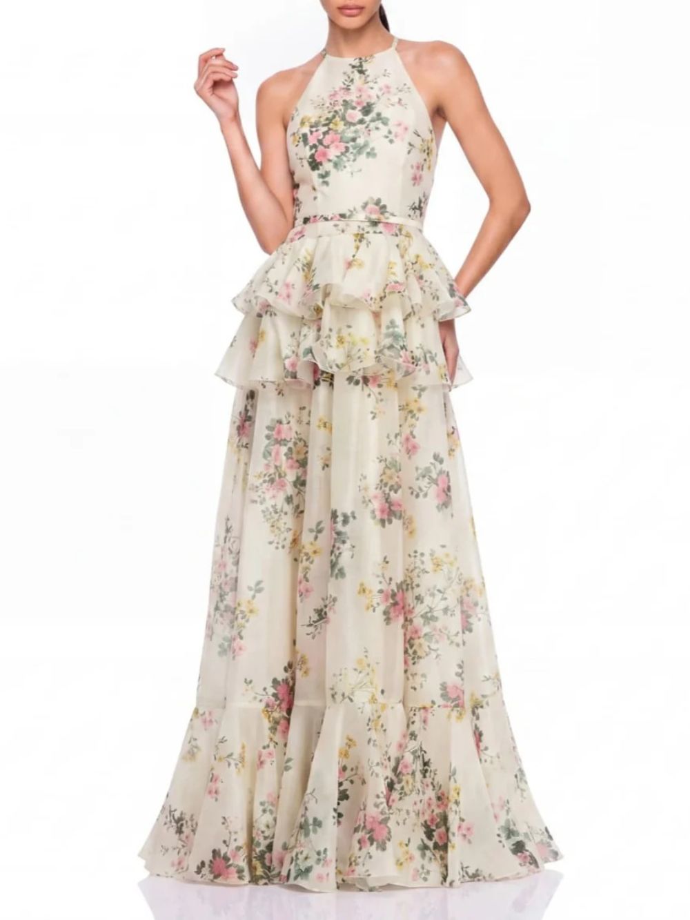 Ravelix Floral Ruffle Maxi Dress In Beige - OWNCI