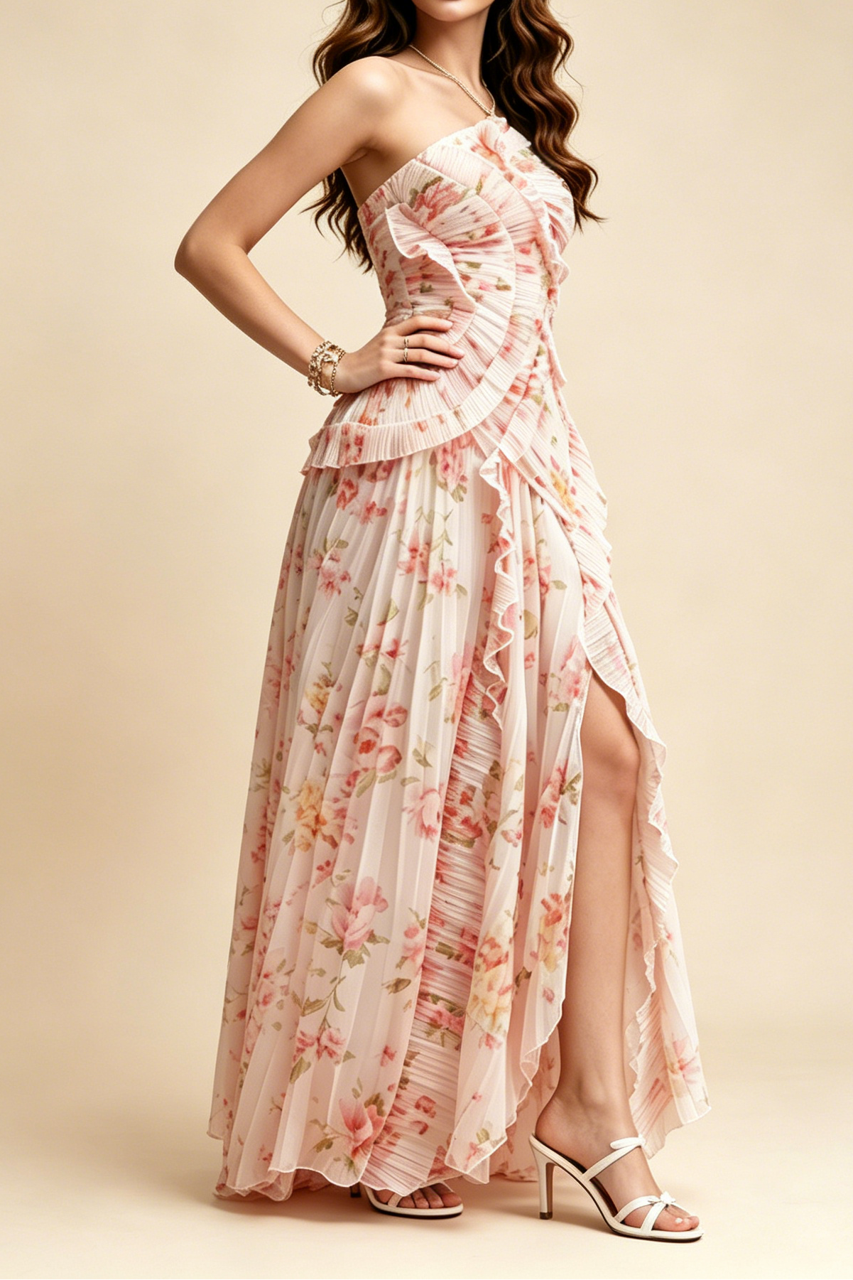 Pastel Pink Floral Pleated Halter Ruffle High Slit Maxi Dress - OWNCI