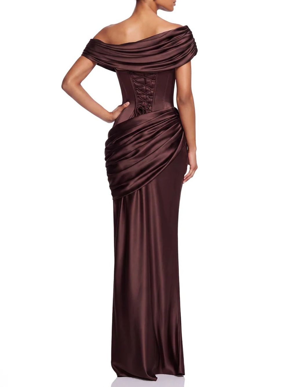 Neravo One Shoulder Satin Ruched Maxi Dress In Brown - OWNCI