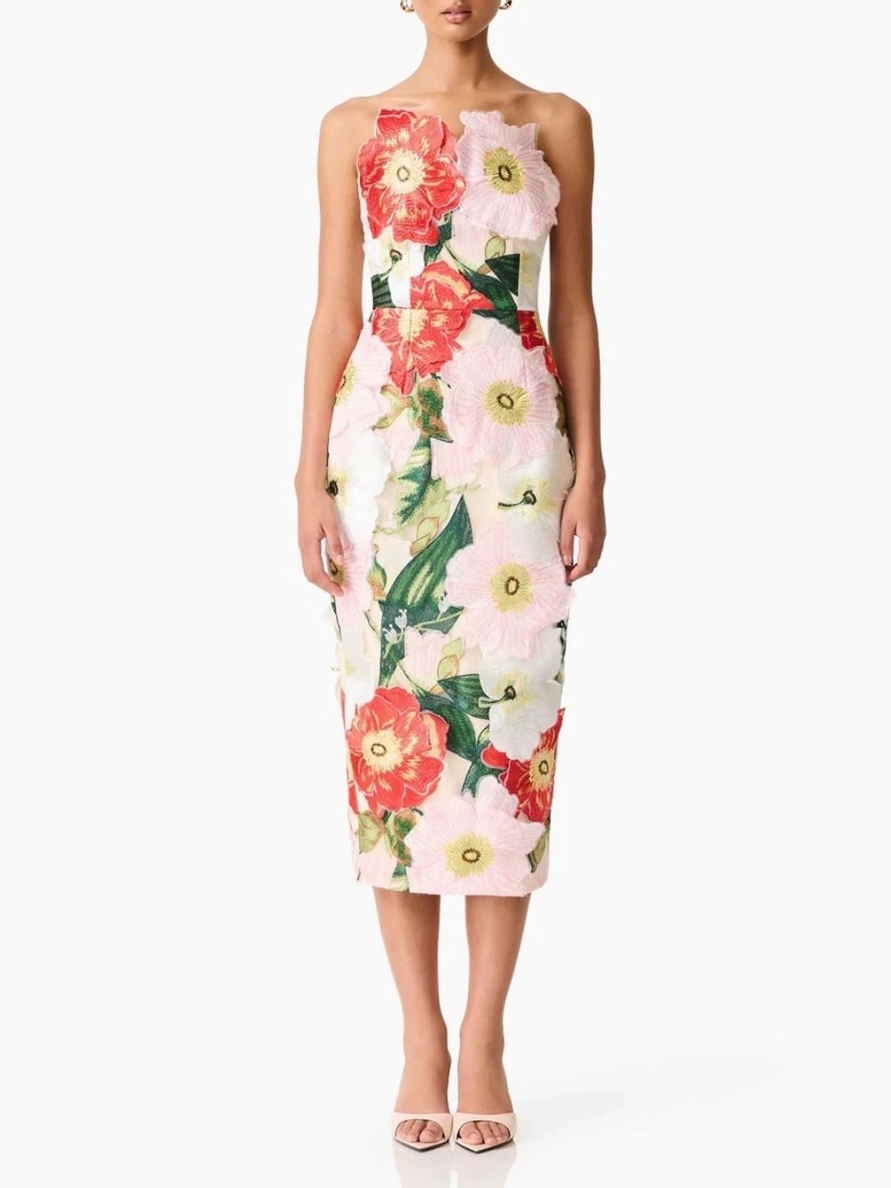 Masaye Strapless Flower Embroidery Midi Dress - OWNCI Masaye Strapless Flower Embroidery Midi Dress - OWNCI