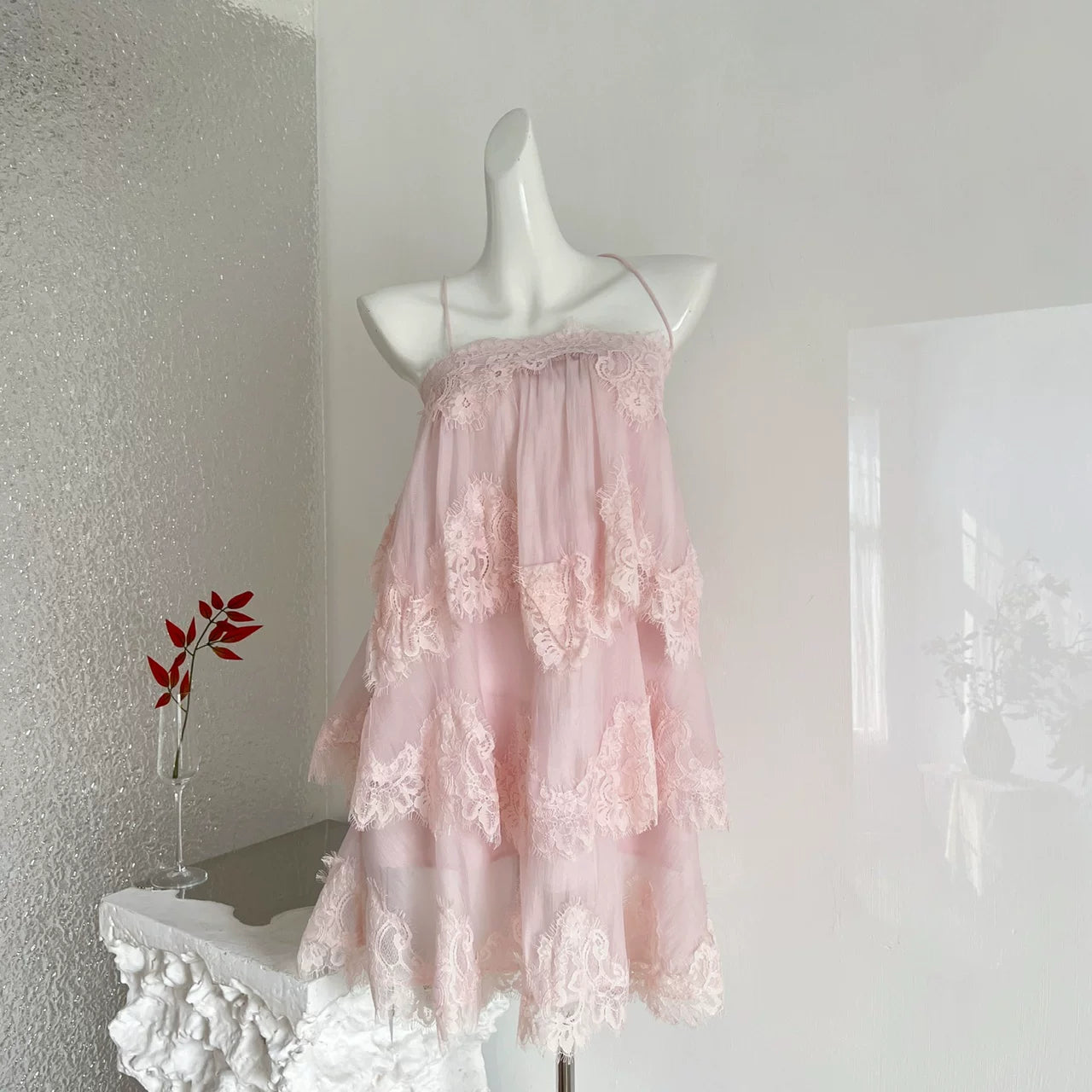 Blush Pink Spaghetti Strap Multi-Tier Eyelash Lace Tulle Babydoll Mini Dress - OWNCI Blush Pink Spaghetti Strap Multi-Tier Eyelash Lace Tulle Babydoll Mini Dress - OWNCI