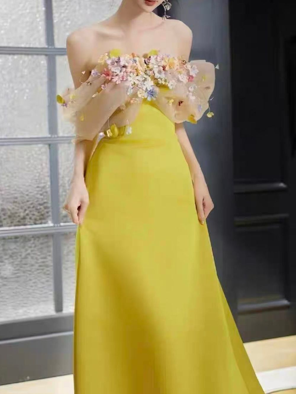Bright Yellow Satin Strapless Maxi Gown With 3D Colorful Floral Tulle Bust - OWNCI Bright Yellow Satin Strapless Maxi Gown With 3D Colorful Floral Tulle Bust - OWNCI