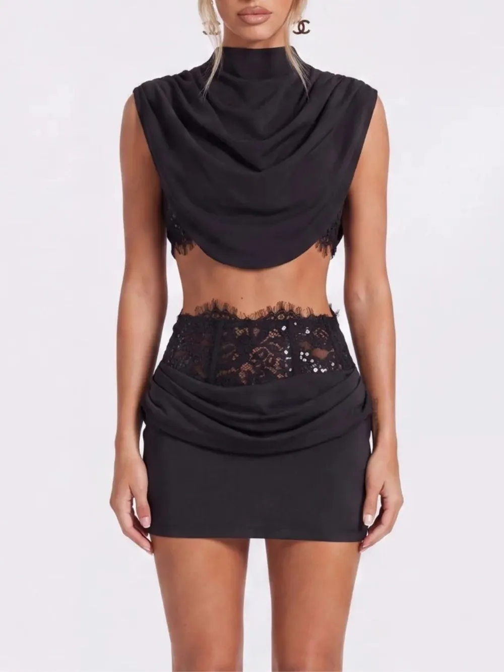 Helixor Cape Sleeve Satin Lace Skirt Set - OWNCI Helixor Cape Sleeve Satin Lace Skirt Set - OWNCI